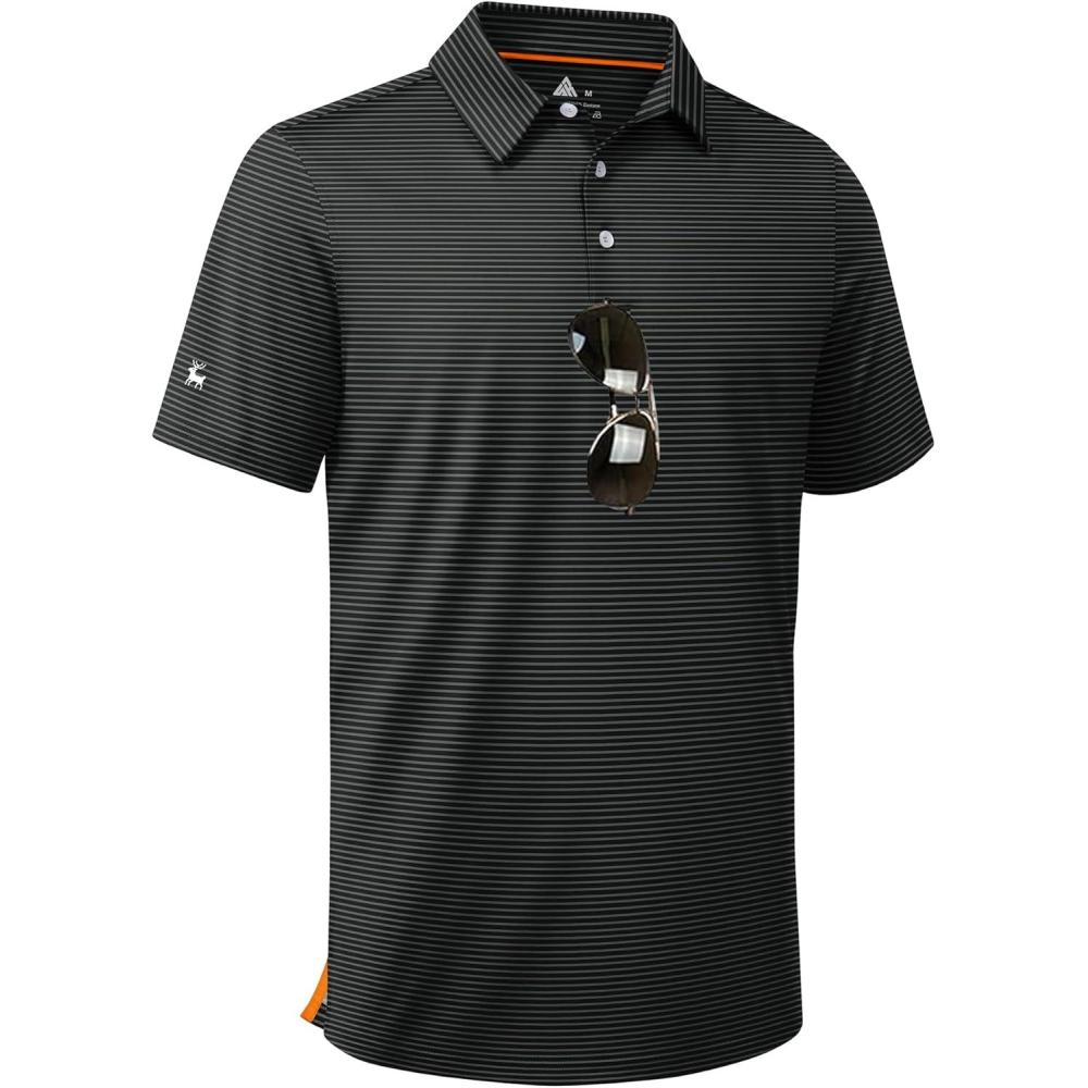 imageZITY Men Golf Polo Shirts Short Sleeve Striped UPF 50 Moisture Wicking Casual Collared Print TShirt for MenBlack Grey Striped