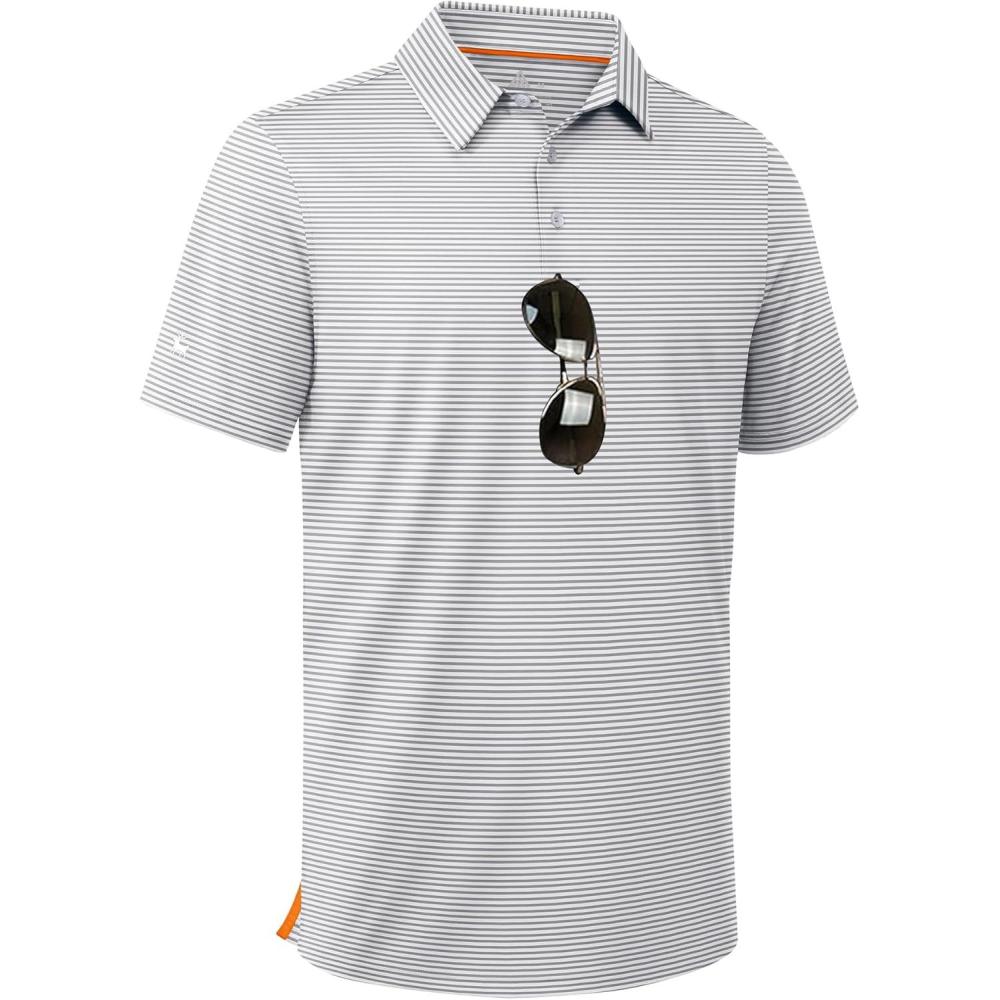 imageZITY Men Golf Polo Shirts Short Sleeve Striped UPF 50 Moisture Wicking Casual Collared Print TShirt for MenGray White Striped