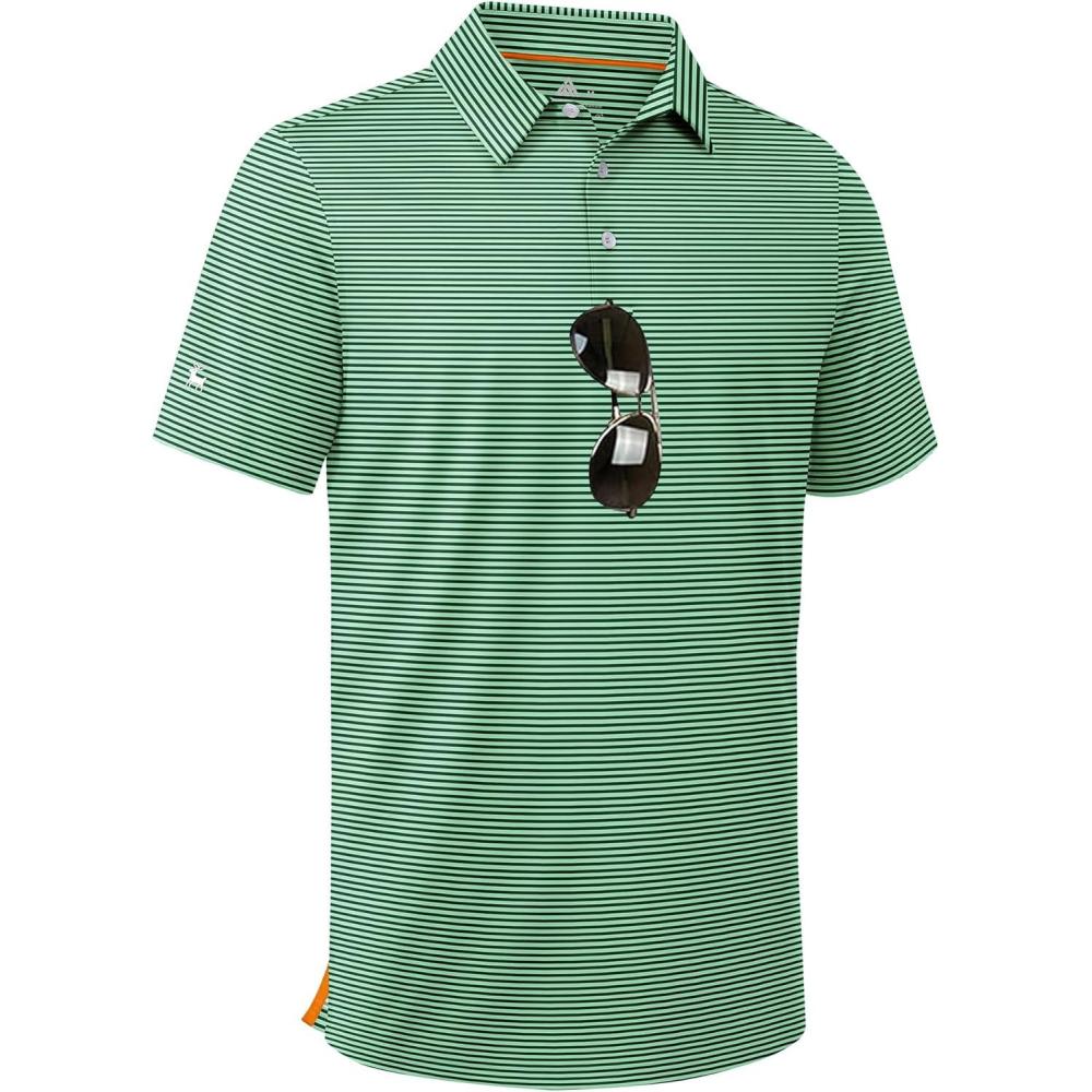 imageZITY Men Golf Polo Shirts Short Sleeve Striped UPF 50 Moisture Wicking Casual Collared Print TShirt for MenLight Green Striped