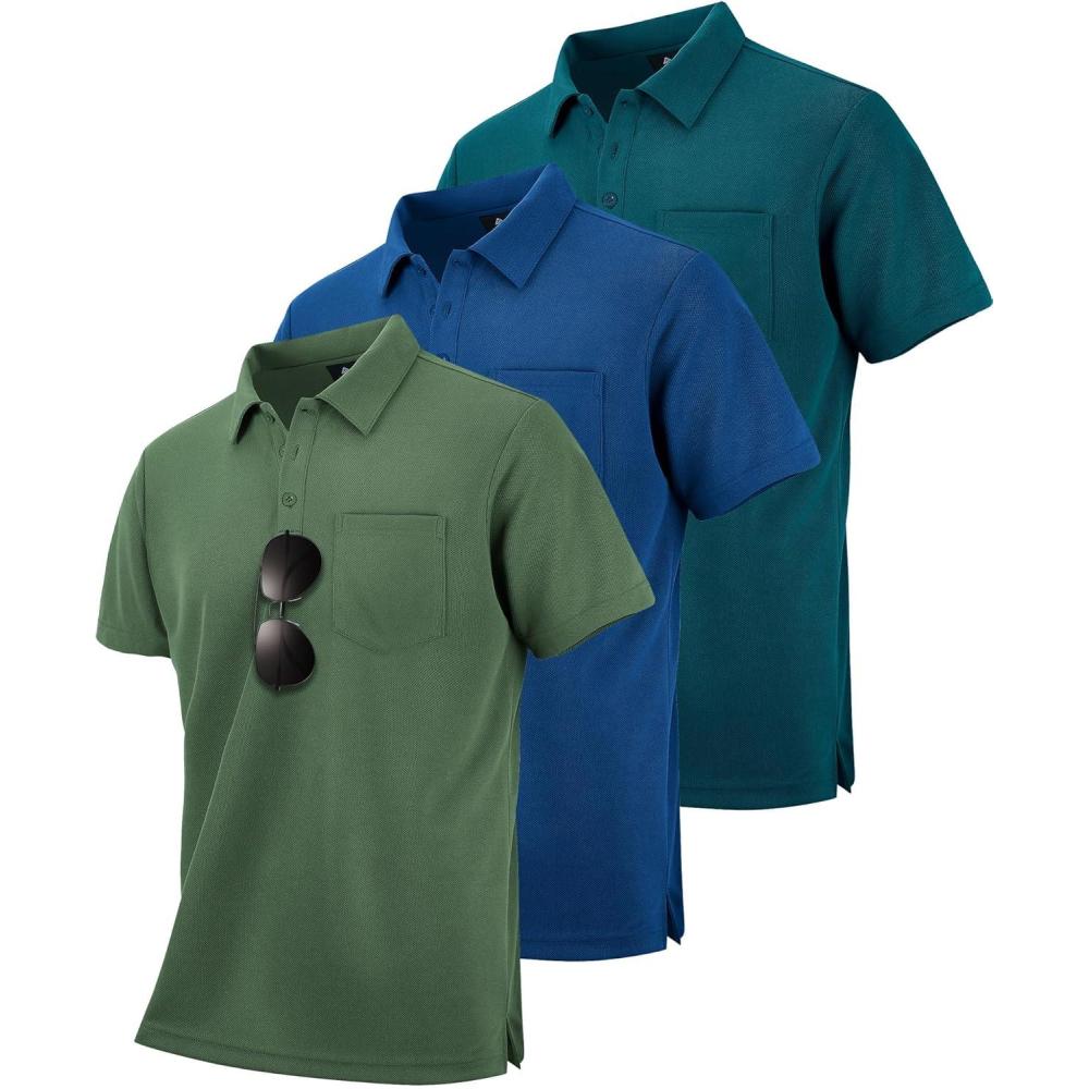 imageZITY Mens 3 Pack Polo Shirts Short Sleeve with Pocket Moisture Wicking Casual Work Golf Lightweight Collared TShirtsArmy Greenroyal Bluedark Teal Blue