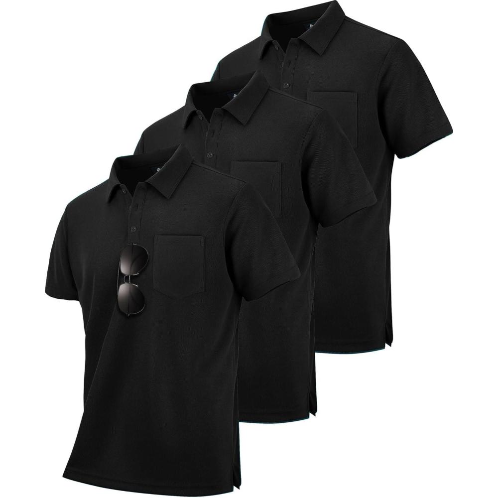 imageZITY Mens 3 Pack Polo Shirts Short Sleeve with Pocket Moisture Wicking Casual Work Golf Lightweight Collared TShirtsBlack