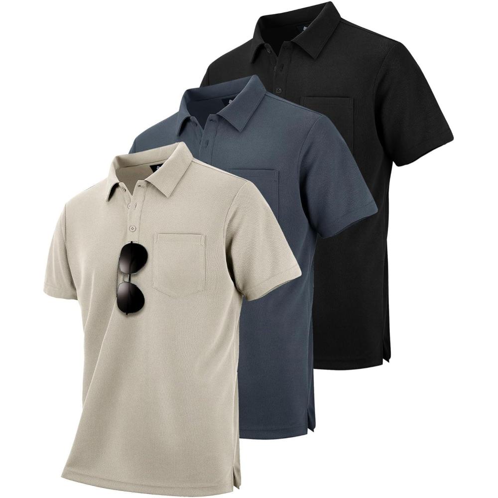 imageZITY Mens 3 Pack Polo Shirts Short Sleeve with Pocket Moisture Wicking Casual Work Golf Lightweight Collared TShirtsBlackgreyapricot