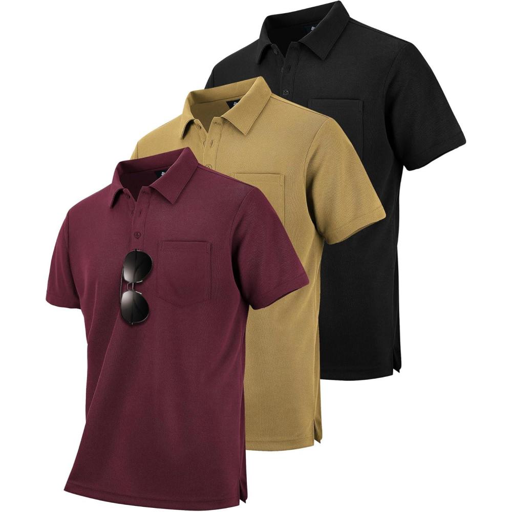 imageZITY Mens 3 Pack Polo Shirts Short Sleeve with Pocket Moisture Wicking Casual Work Golf Lightweight Collared TShirtsBlackkhakiwine Red