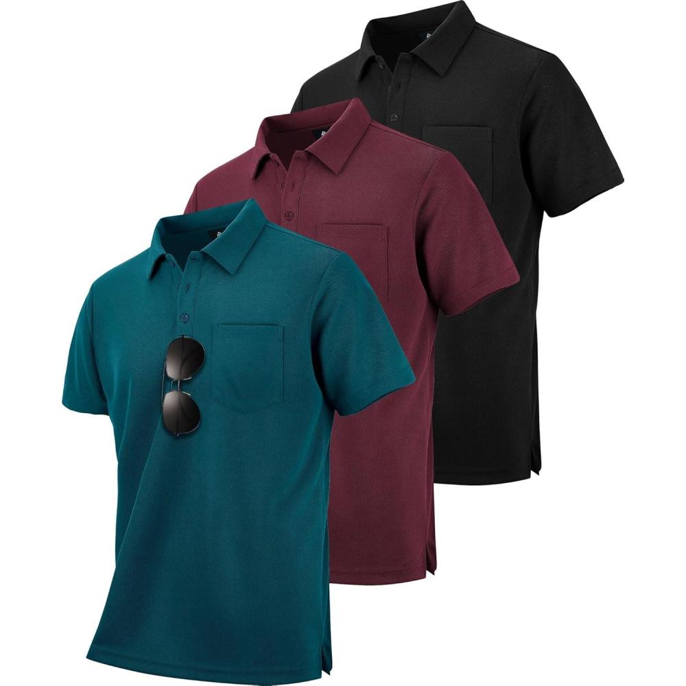 imageZITY Mens 3 Pack Polo Shirts Short Sleeve with Pocket Moisture Wicking Casual Work Golf Lightweight Collared TShirtsDark Teal Blueblackwine Red