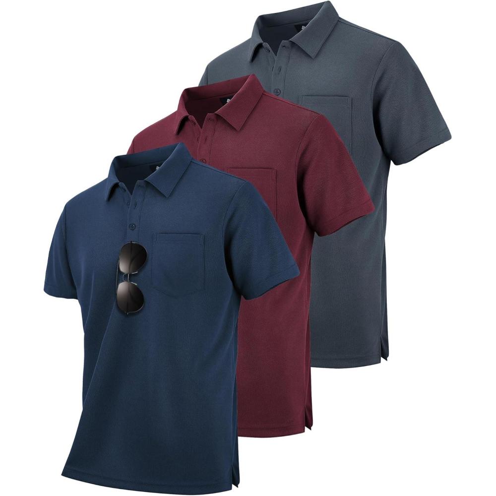 imageZITY Mens 3 Pack Polo Shirts Short Sleeve with Pocket Moisture Wicking Casual Work Golf Lightweight Collared TShirtsGreywine Rednavy