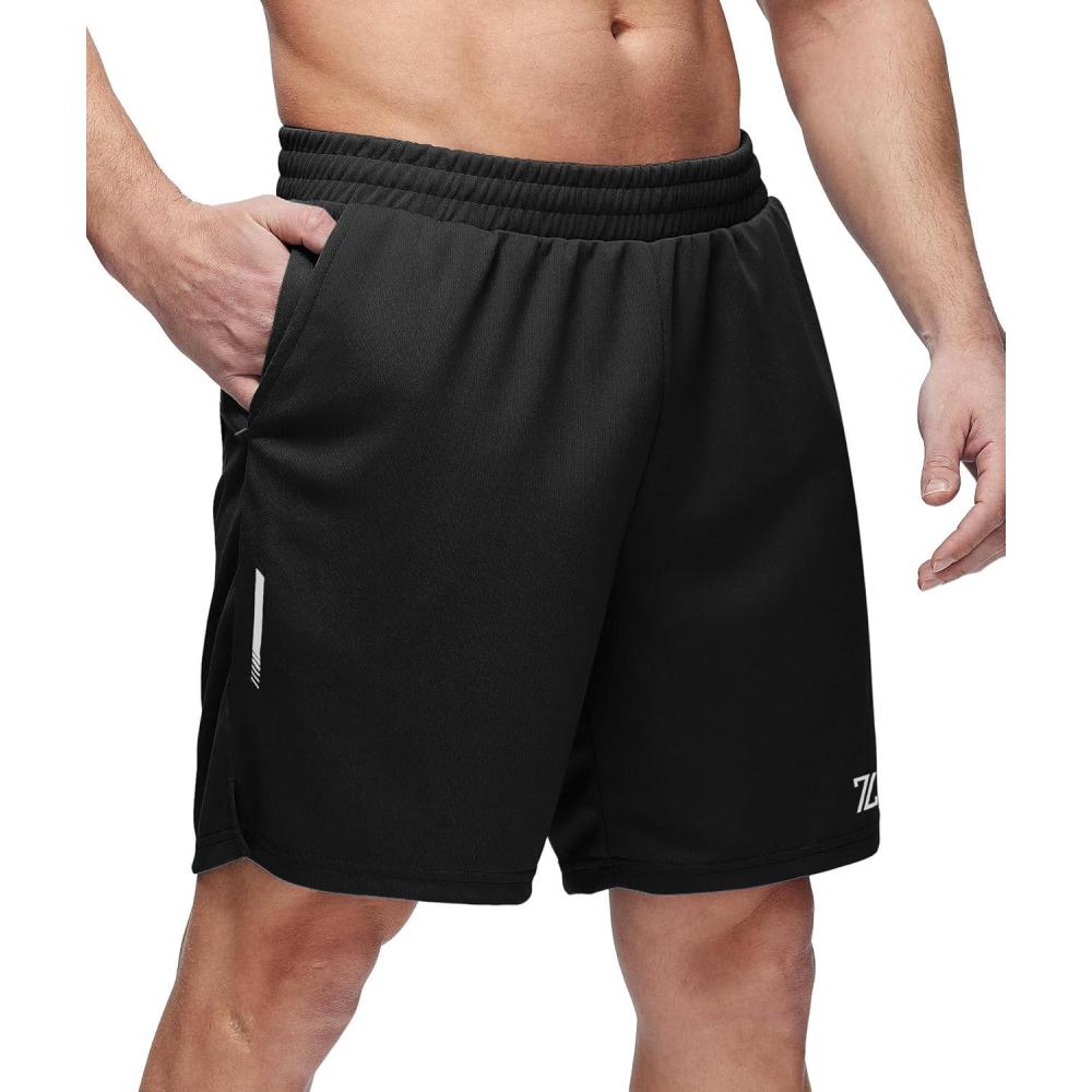 imageZITY Mens Athletic Running Shorts 7 Inseam Quick Dry Mesh Workout Gym Shorts with Zipper Pockets for Basketball TennisBlack