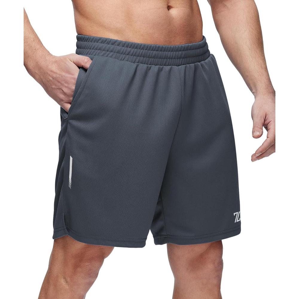 imageZITY Mens Athletic Running Shorts 7 Inseam Quick Dry Mesh Workout Gym Shorts with Zipper Pockets for Basketball TennisGrey