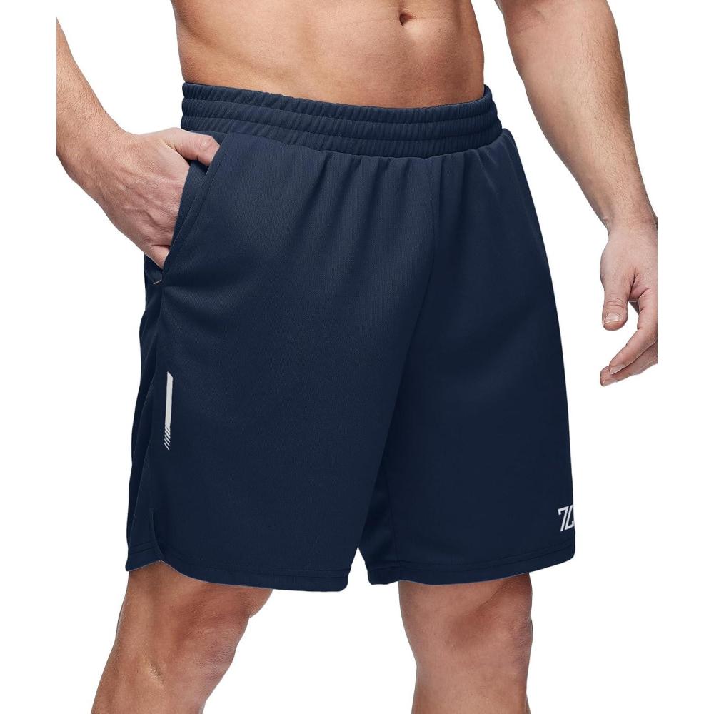imageZITY Mens Athletic Running Shorts 7 Inseam Quick Dry Mesh Workout Gym Shorts with Zipper Pockets for Basketball TennisNavy