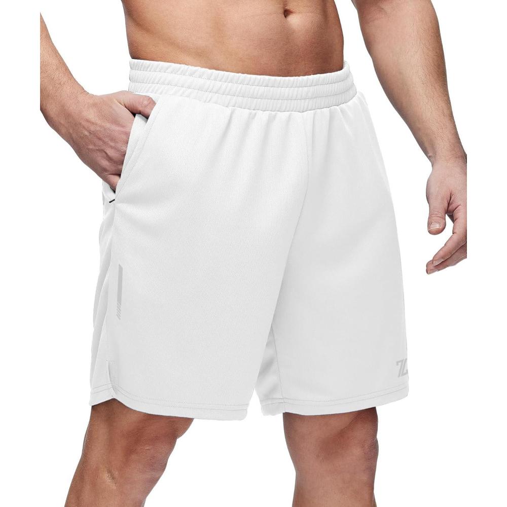 imageZITY Mens Athletic Running Shorts 7 Inseam Quick Dry Mesh Workout Gym Shorts with Zipper Pockets for Basketball TennisWhite