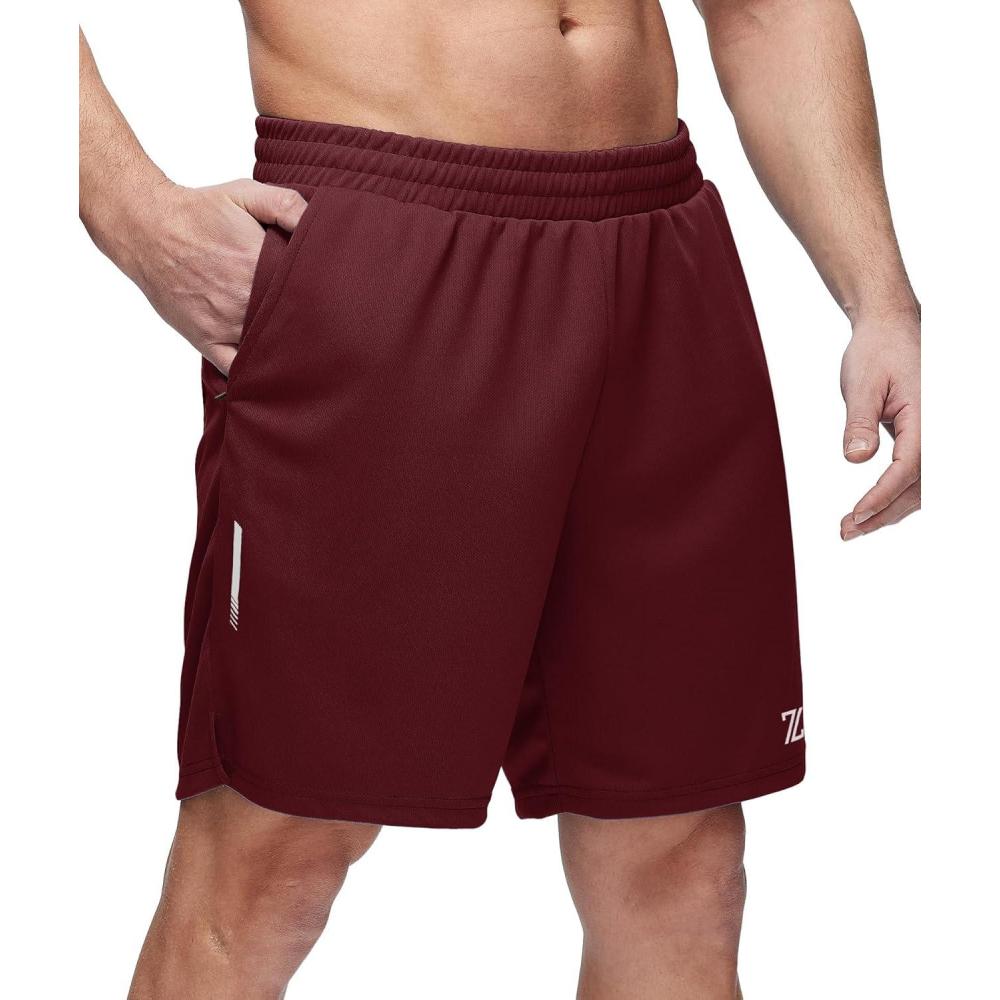 imageZITY Mens Athletic Running Shorts 7 Inseam Quick Dry Mesh Workout Gym Shorts with Zipper Pockets for Basketball TennisWine Red