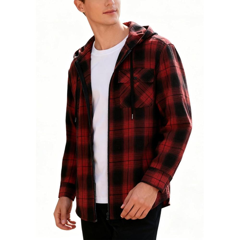 imageZITY Mens Cotton Linen Zip up Hoodies Long Sleeve Casual Tops Plaid Flannel Shirt with HoodBlack Red