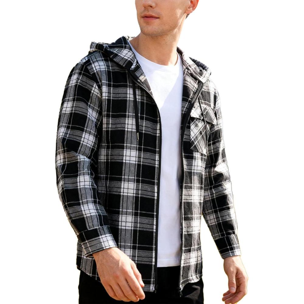imageZITY Mens Cotton Linen Zip up Hoodies Long Sleeve Casual Tops Plaid Flannel Shirt with HoodBlack White
