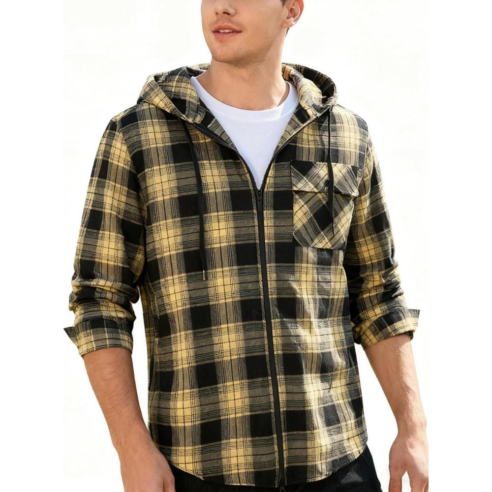 imageZITY Mens Cotton Linen Zip up Hoodies Long Sleeve Casual Tops Plaid Flannel Shirt with HoodBlack Yellow