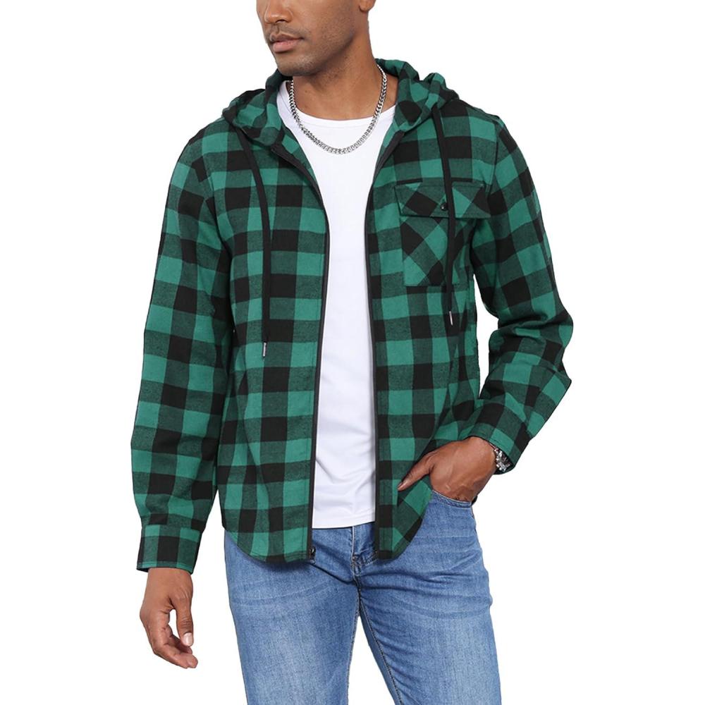 imageZITY Mens Cotton Linen Zip up Hoodies Long Sleeve Casual Tops Plaid Flannel Shirt with HoodGreen Black