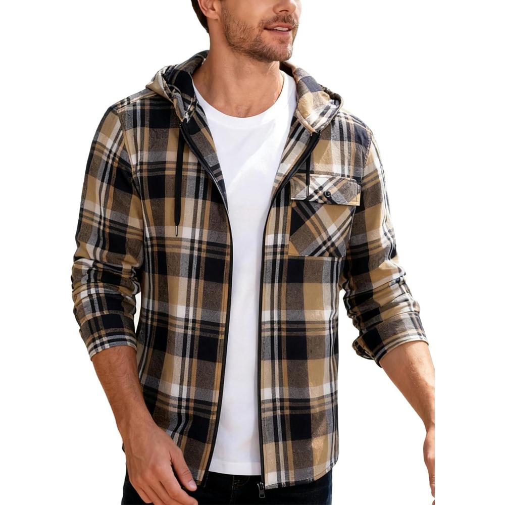 imageZITY Mens Cotton Linen Zip up Hoodies Long Sleeve Casual Tops Plaid Flannel Shirt with HoodNavy Beige