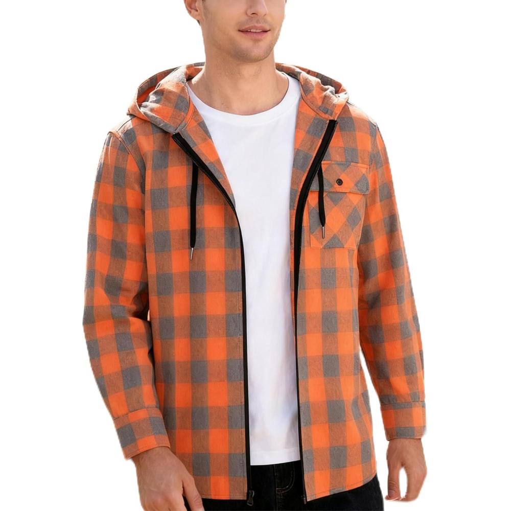 imageZITY Mens Cotton Linen Zip up Hoodies Long Sleeve Casual Tops Plaid Flannel Shirt with HoodOrange