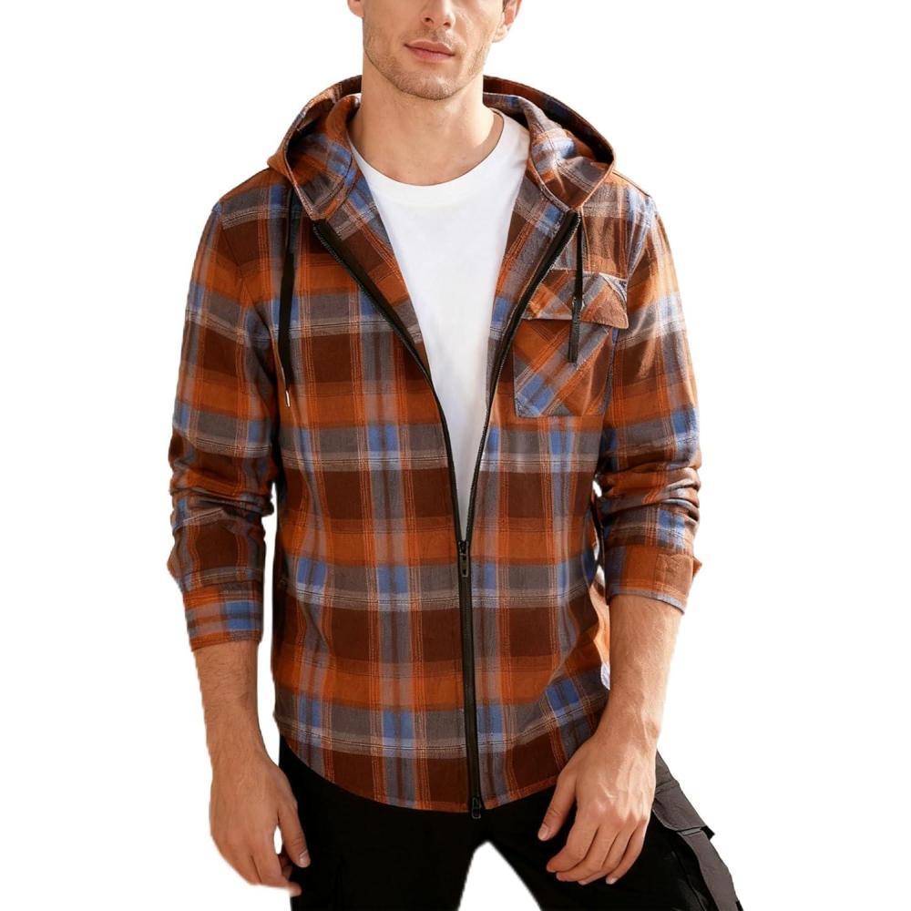 imageZITY Mens Cotton Linen Zip up Hoodies Long Sleeve Casual Tops Plaid Flannel Shirt with HoodOrange Blue