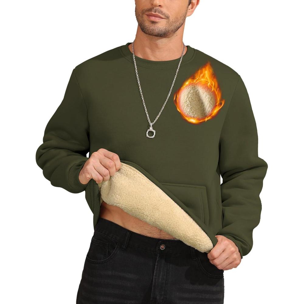 imageZITY Mens Crewneck Sweatshirts Sherpa Lined Sweatshirt Warm Soft Heavyweight Winter Pullover Kangaroo with Pouch PocketArmy Green