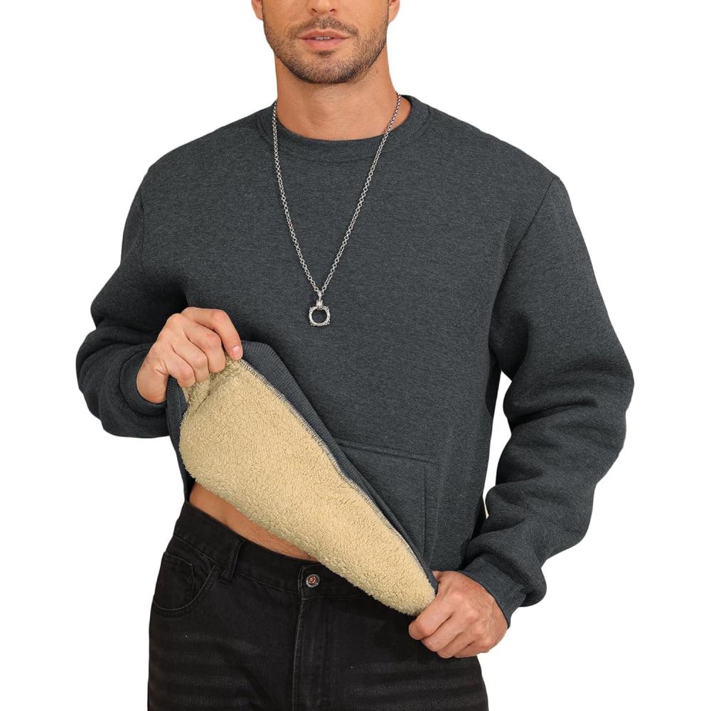 imageZITY Mens Crewneck Sweatshirts Sherpa Lined Sweatshirt Warm Soft Heavyweight Winter Pullover Kangaroo with Pouch PocketDark Grey