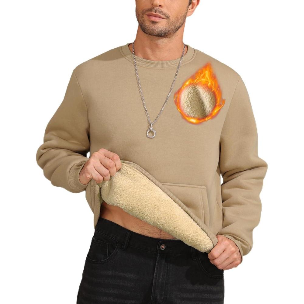 imageZITY Mens Crewneck Sweatshirts Sherpa Lined Sweatshirt Warm Soft Heavyweight Winter Pullover Kangaroo with Pouch PocketLight Brown