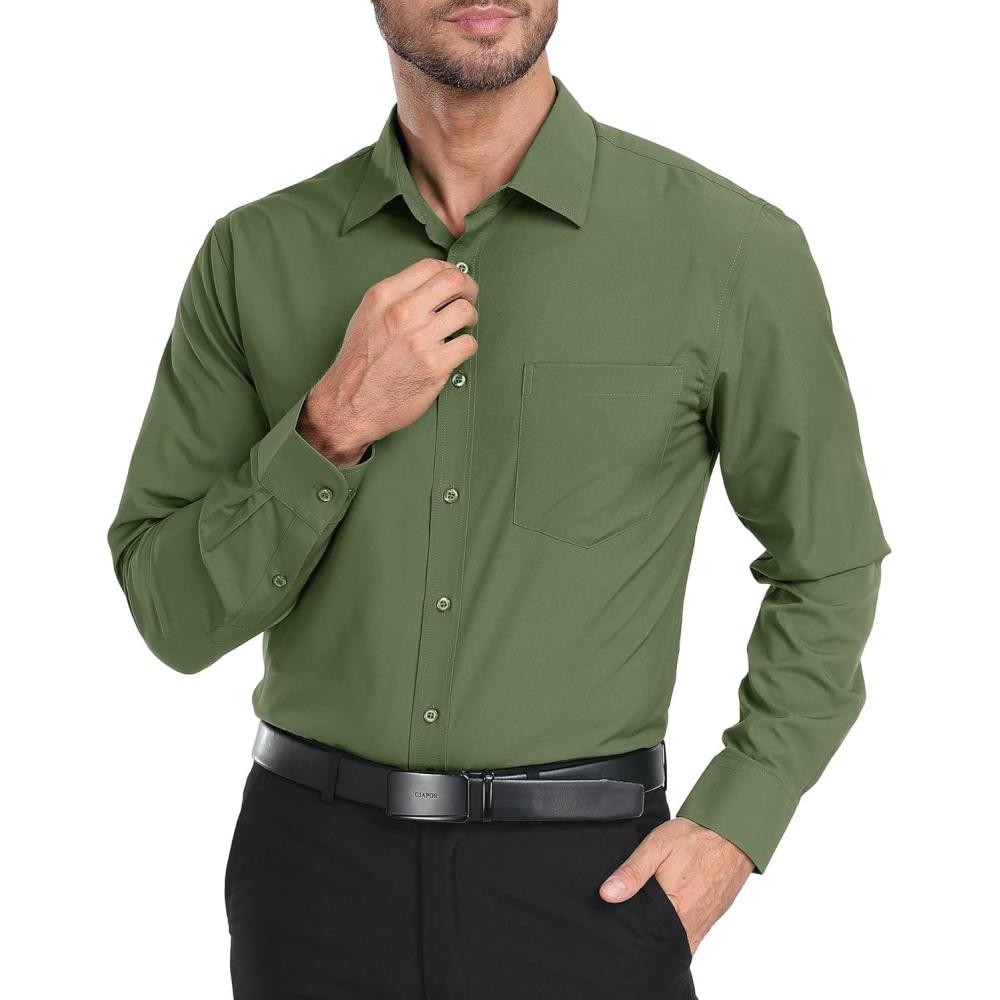 imageZITY Mens Dress Shirts Solid Long Sleeve Business Casual Button Down ShirtsArmy Green
