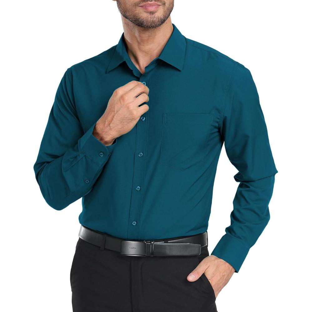 imageZITY Mens Dress Shirts Solid Long Sleeve Business Casual Button Down ShirtsCyan