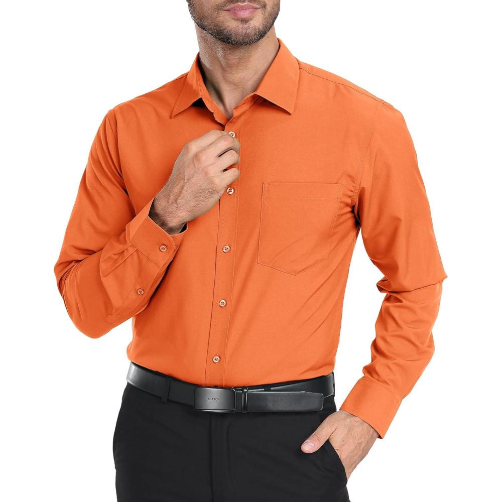 imageZITY Mens Dress Shirts Solid Long Sleeve Business Casual Button Down ShirtsFluorescent Orange