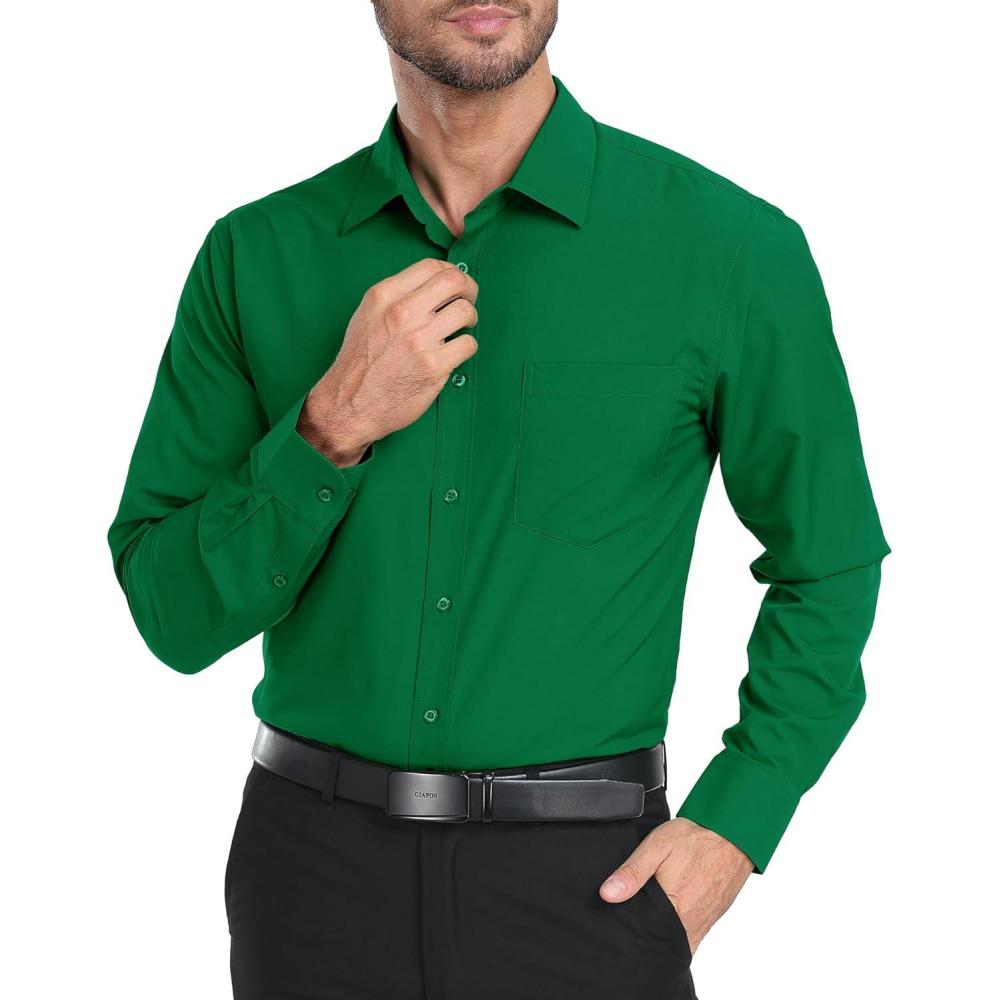 imageZITY Mens Dress Shirts Solid Long Sleeve Business Casual Button Down ShirtsHolly Green