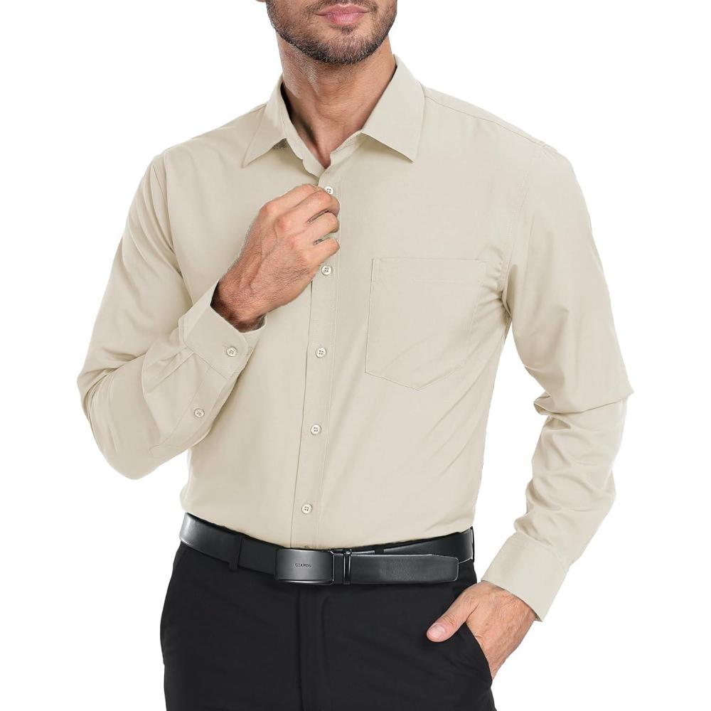 imageZITY Mens Dress Shirts Solid Long Sleeve Business Casual Button Down ShirtsLight Khaki