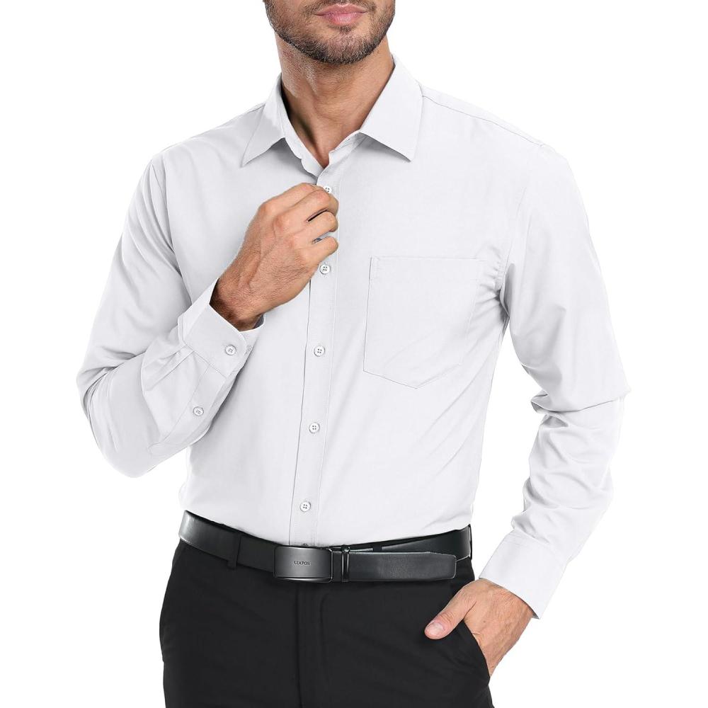 imageZITY Mens Dress Shirts Solid Long Sleeve Business Casual Button Down ShirtsWhite