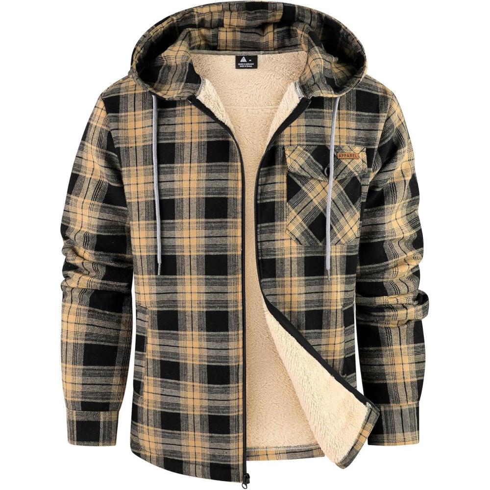 imageZITY Mens Flannel Jacket Zip Up Fleece Hoodies Casual Plaid Coat with Pokect Winter Warm Sherpa Lined SweatshirtBlack Beige