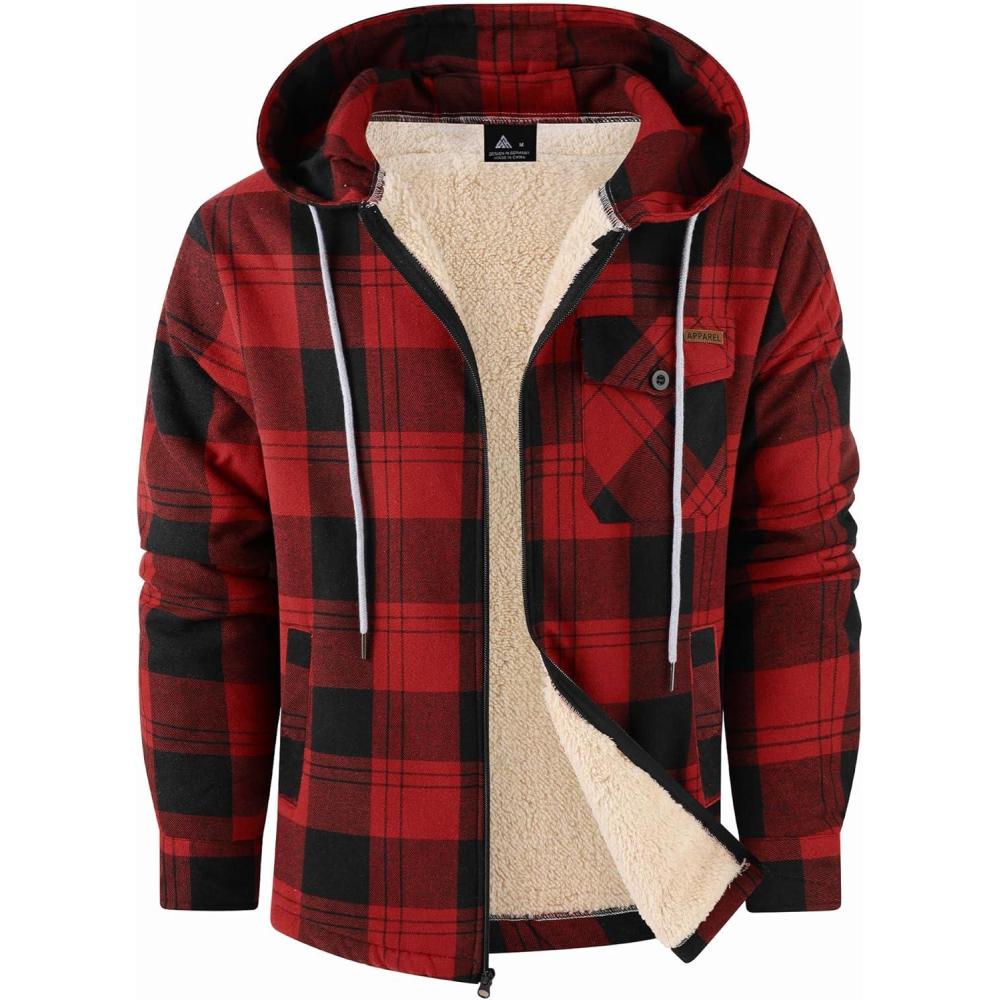 imageZITY Mens Flannel Jacket Zip Up Fleece Hoodies Casual Plaid Coat with Pokect Winter Warm Sherpa Lined SweatshirtBlack Red