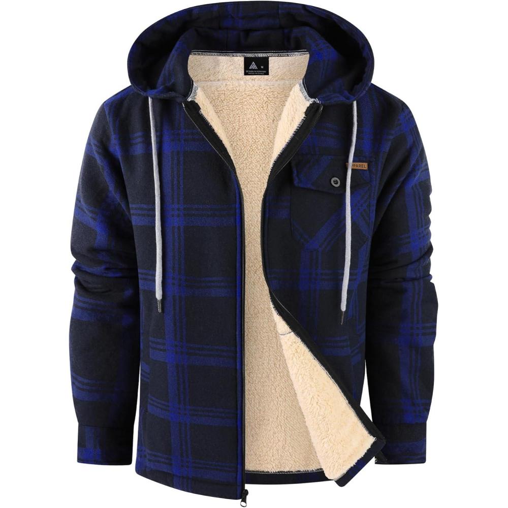 imageZITY Mens Flannel Jacket Zip Up Fleece Hoodies Casual Plaid Coat with Pokect Winter Warm Sherpa Lined SweatshirtBlue Navy