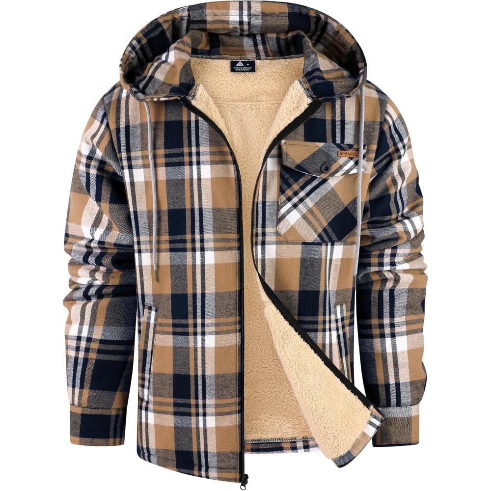 imageZITY Mens Flannel Jacket Zip Up Fleece Hoodies Casual Plaid Coat with Pokect Winter Warm Sherpa Lined SweatshirtDeep Blue Beige