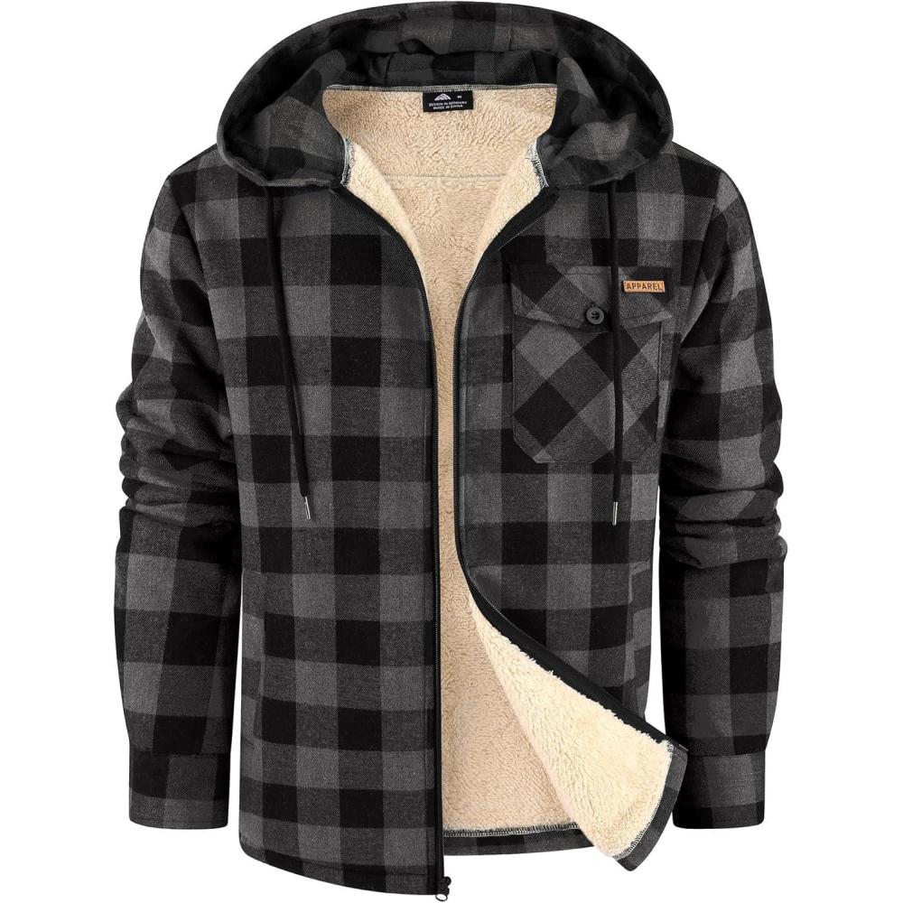 imageZITY Mens Flannel Jacket Zip Up Fleece Hoodies Casual Plaid Coat with Pokect Winter Warm Sherpa Lined SweatshirtDeep Grey
