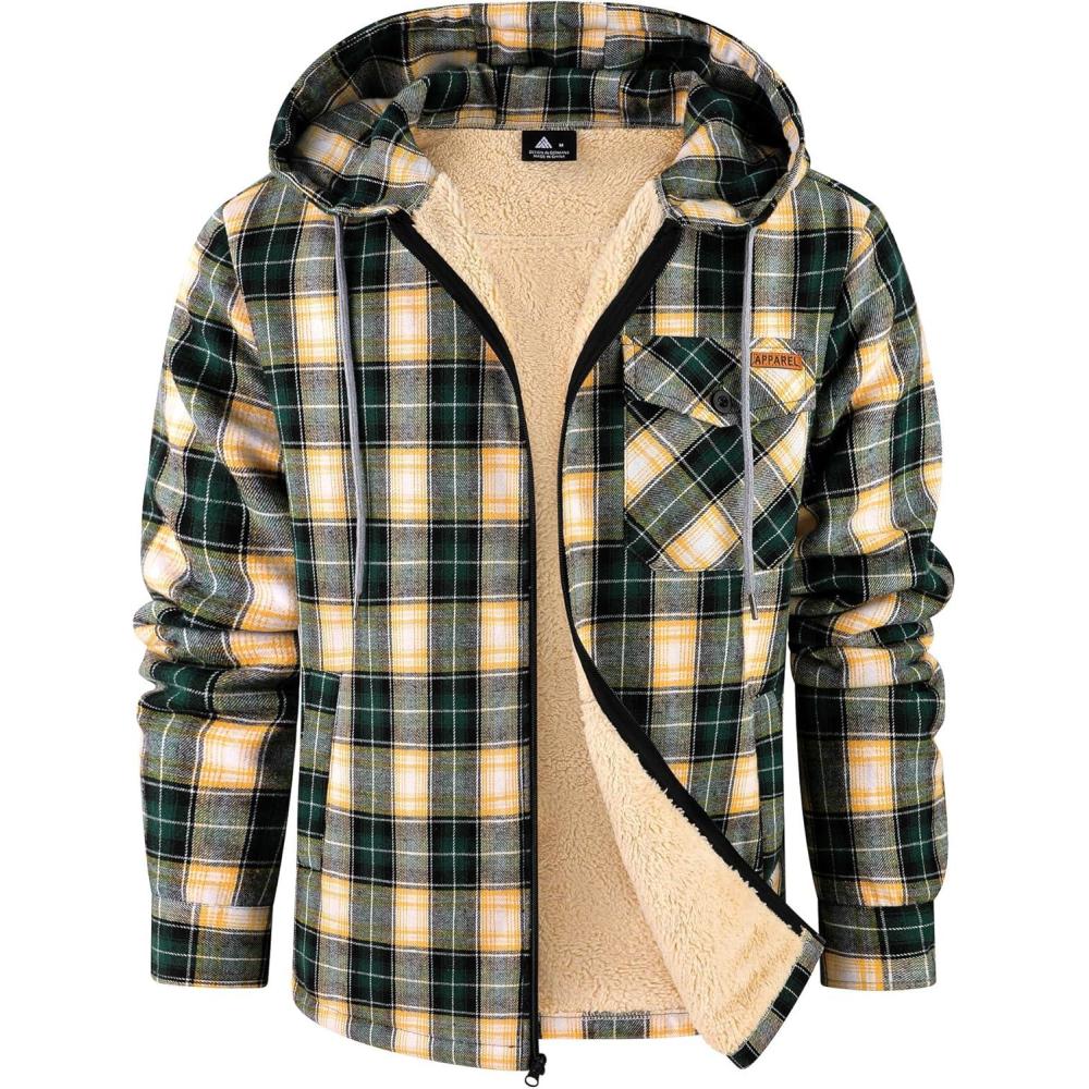 imageZITY Mens Flannel Jacket Zip Up Fleece Hoodies Casual Plaid Coat with Pokect Winter Warm Sherpa Lined SweatshirtGreen Beige