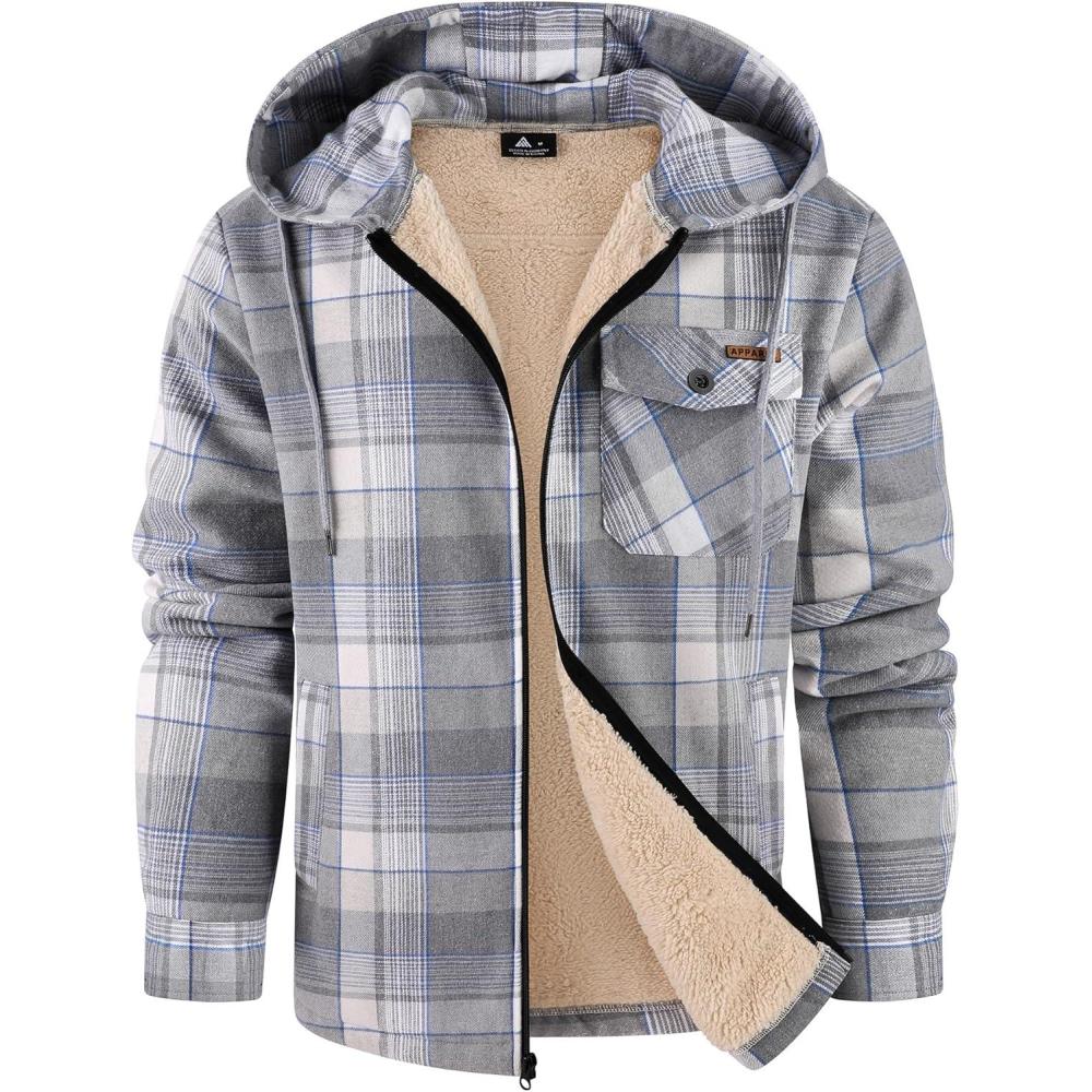 imageZITY Mens Flannel Jacket Zip Up Fleece Hoodies Casual Plaid Coat with Pokect Winter Warm Sherpa Lined SweatshirtGrey
