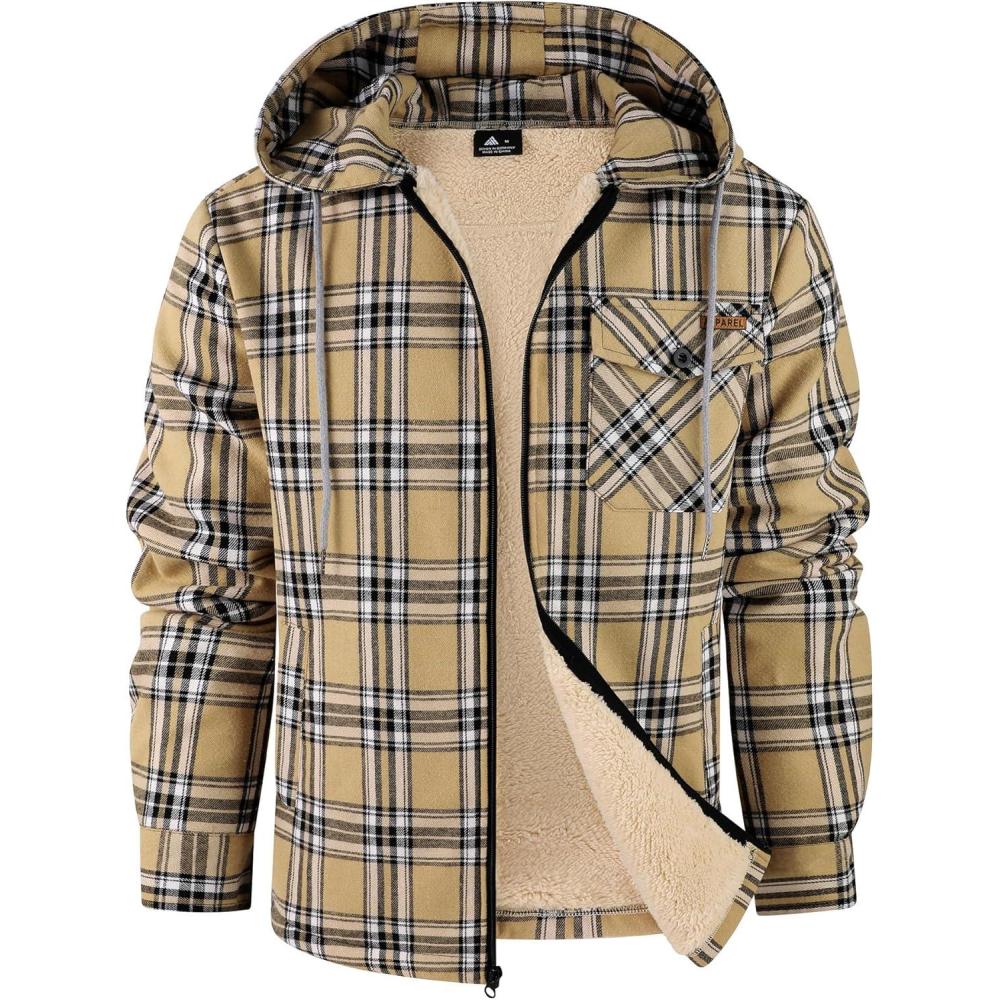 imageZITY Mens Flannel Jacket Zip Up Fleece Hoodies Casual Plaid Coat with Pokect Winter Warm Sherpa Lined SweatshirtKhaki