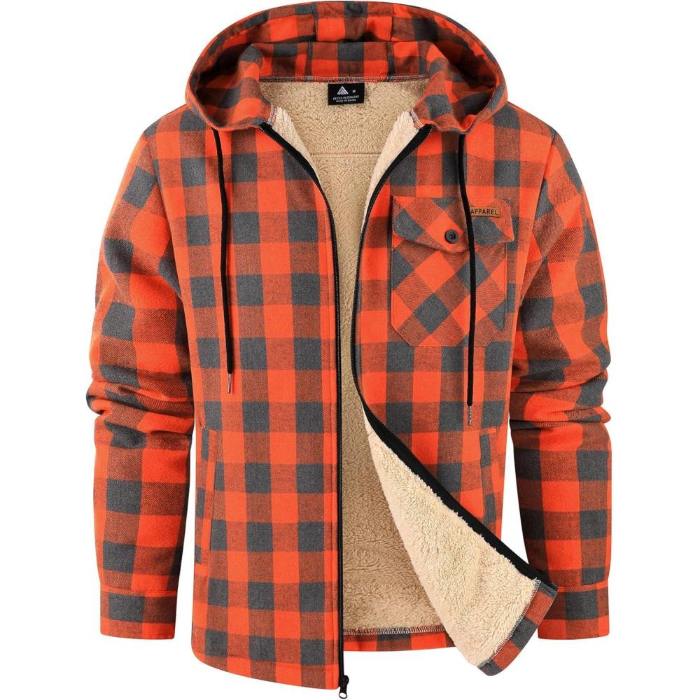 imageZITY Mens Flannel Jacket Zip Up Fleece Hoodies Casual Plaid Coat with Pokect Winter Warm Sherpa Lined SweatshirtOrange