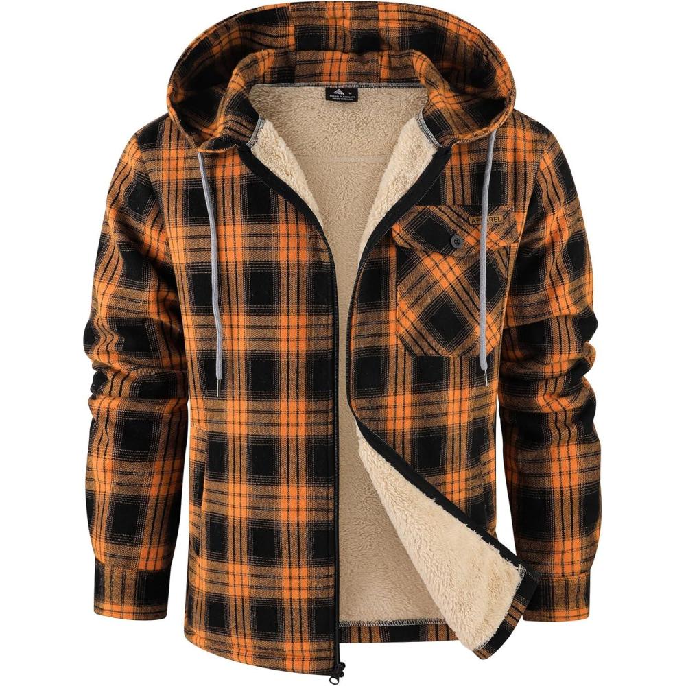 imageZITY Mens Flannel Jacket Zip Up Fleece Hoodies Casual Plaid Coat with Pokect Winter Warm Sherpa Lined SweatshirtOrange Black