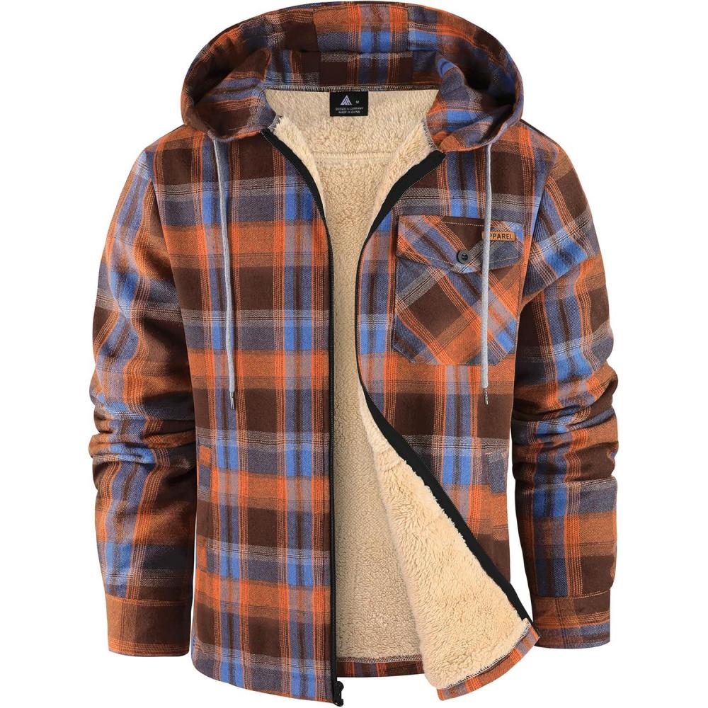 imageZITY Mens Flannel Jacket Zip Up Fleece Hoodies Casual Plaid Coat with Pokect Winter Warm Sherpa Lined SweatshirtOrange Blue