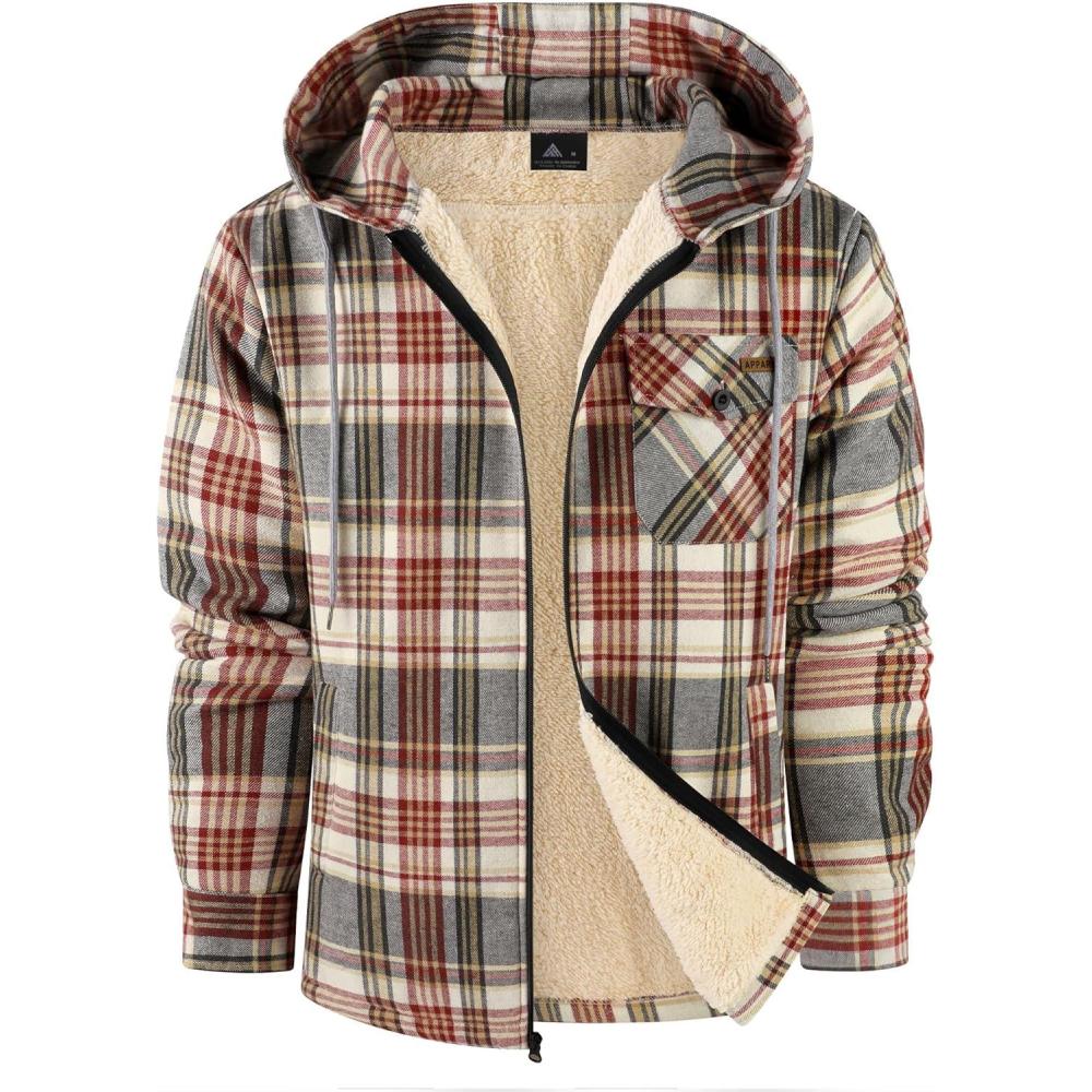 imageZITY Mens Flannel Jacket Zip Up Fleece Hoodies Casual Plaid Coat with Pokect Winter Warm Sherpa Lined SweatshirtWine Red Beige