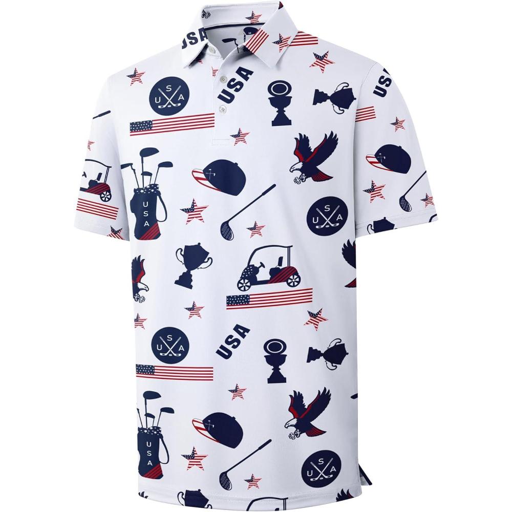 imageZITY Mens Golf Polo Shirt Short Sleeve Performance Moisture Wicking Collared Print Shirt for Golf and Casual WearIndependence Day Golf