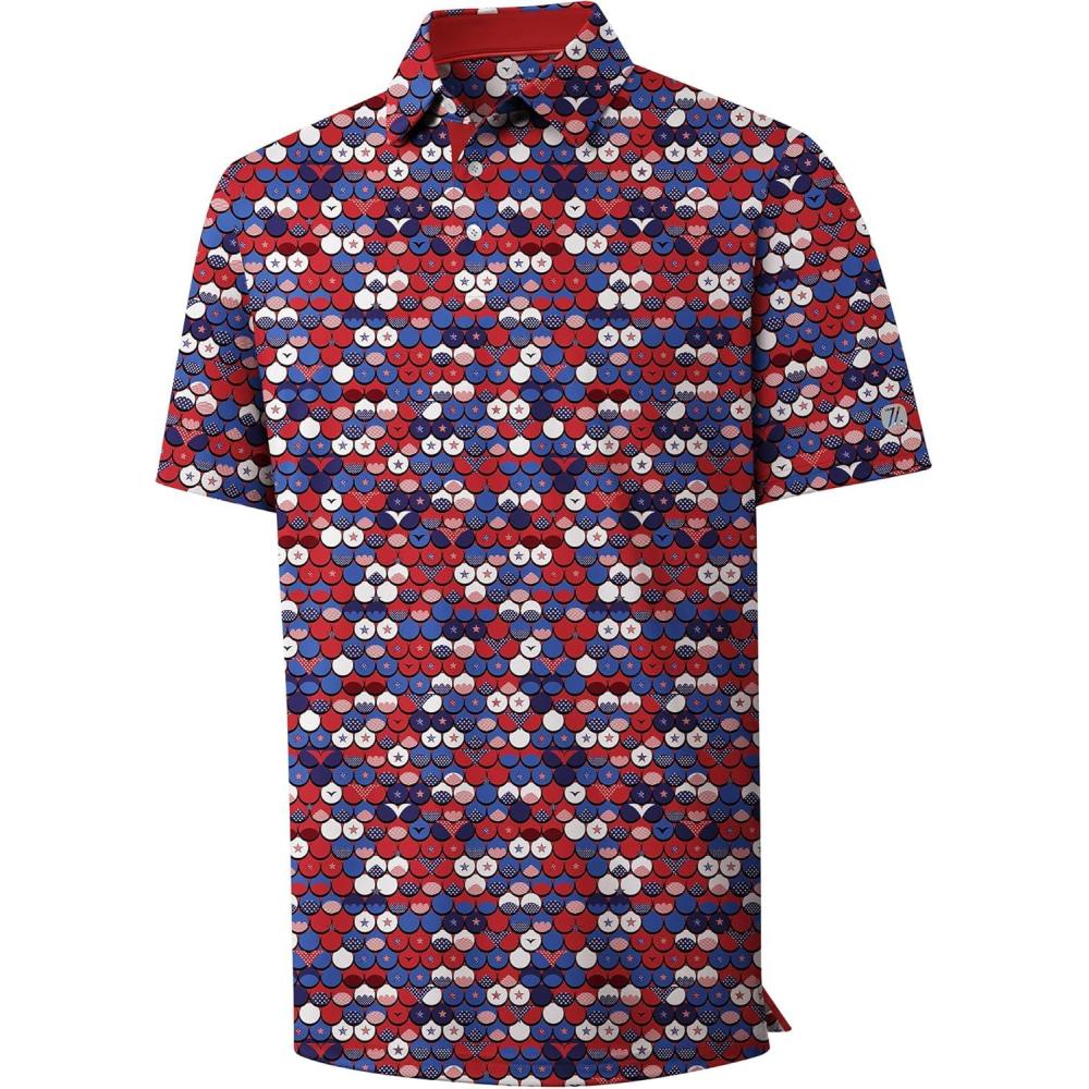 imageZITY Mens Golf Polo Shirt Short Sleeve Performance Moisture Wicking Collared Print Shirt for Golf and Casual WearRed White Blue