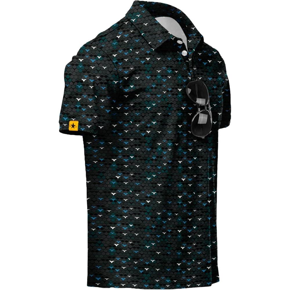 imageZITY Mens Golf Polo Shirts Short Sleeve UPF 50 Performance Moisture Wicking Print Pattern Casual Collared Golf Shirt for MenLake Blue