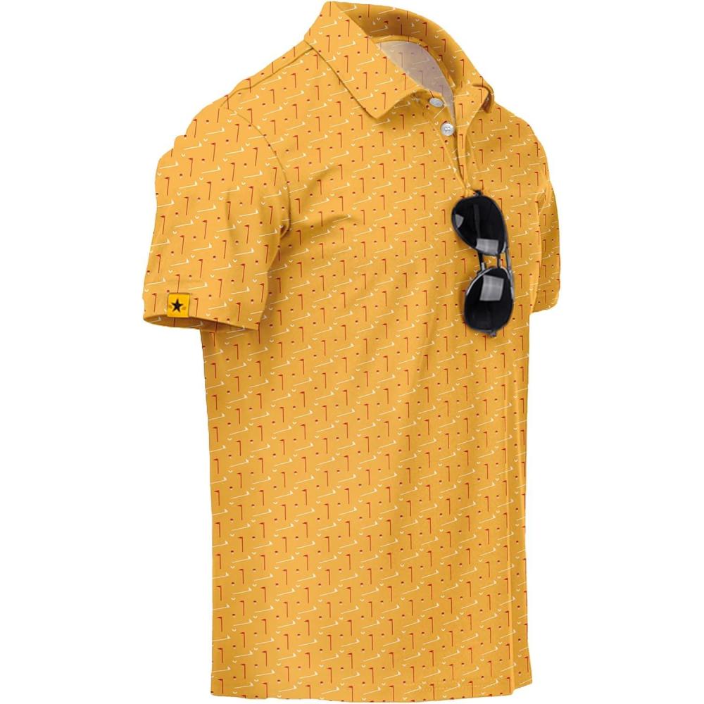 imageZITY Mens Golf Polo Shirts Short Sleeve UPF 50 Performance Moisture Wicking Print Pattern Casual Collared Golf Shirt for MenLight Orange
