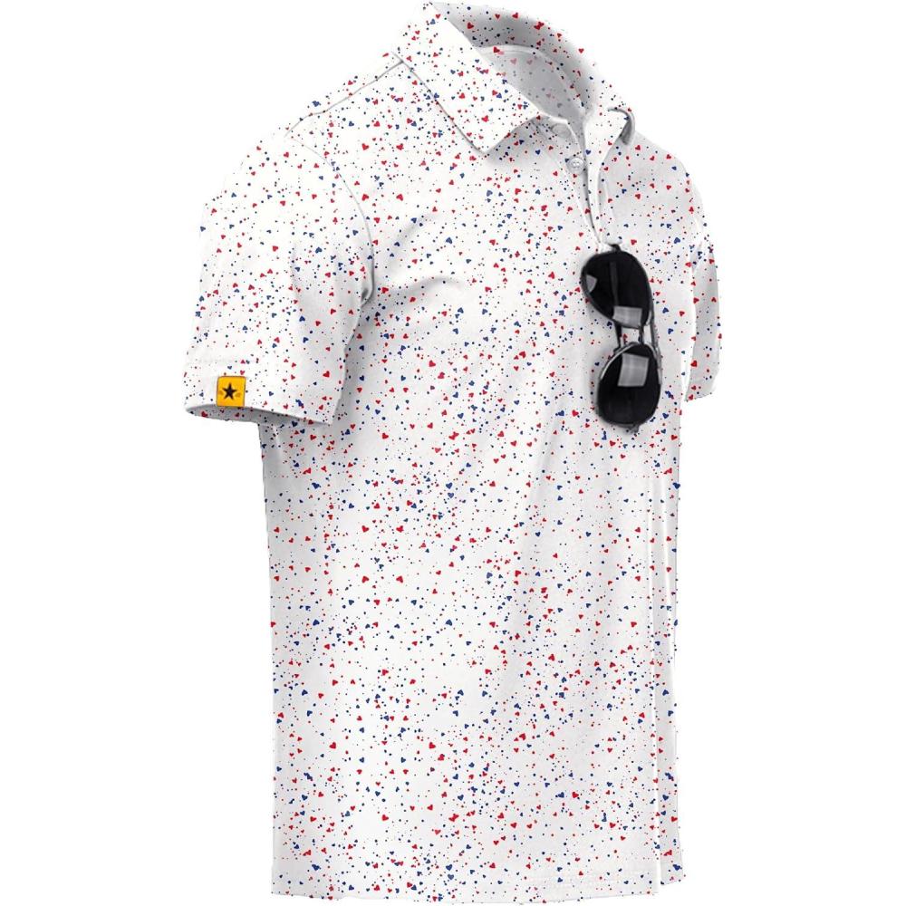 imageZITY Mens Golf Polo Shirts Short Sleeve UPF 50 Performance Moisture Wicking Print Pattern Casual Collared Golf Shirt for MenRed White Blue