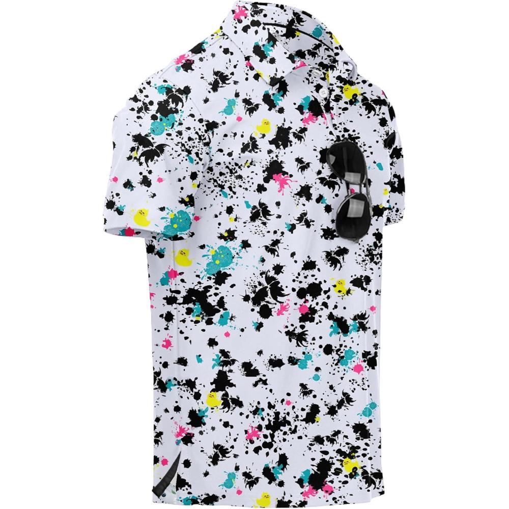 imageZITY Mens Golf Polo Shirts Short Sleeve UPF 50 Performance Moisture Wicking Print Pattern Casual Collared Golf Shirt for MenWhite Black