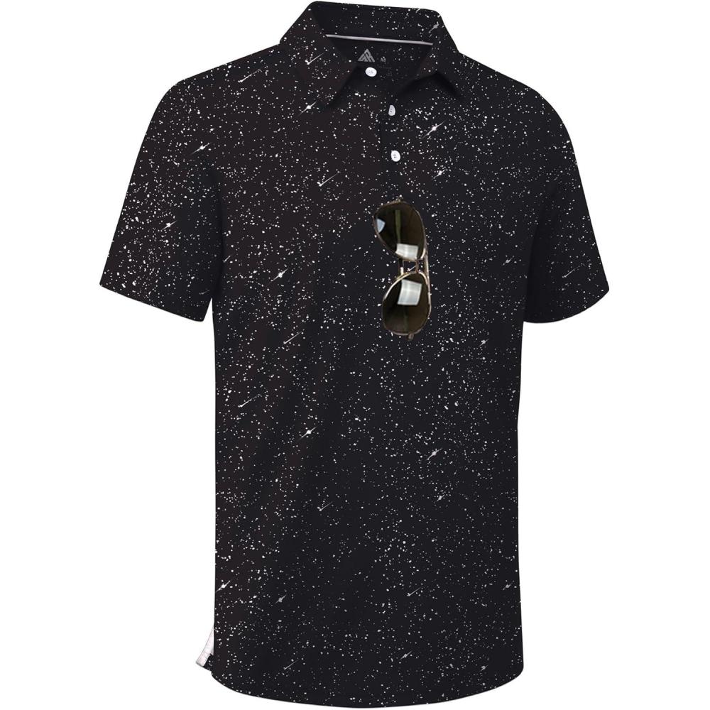 imageZITY Mens Golf Shirt Short Sleeve Moisture Wicking Performance Daily Casual Print Patterns Collared Golf Polo Shirts for MenBlack White Dots