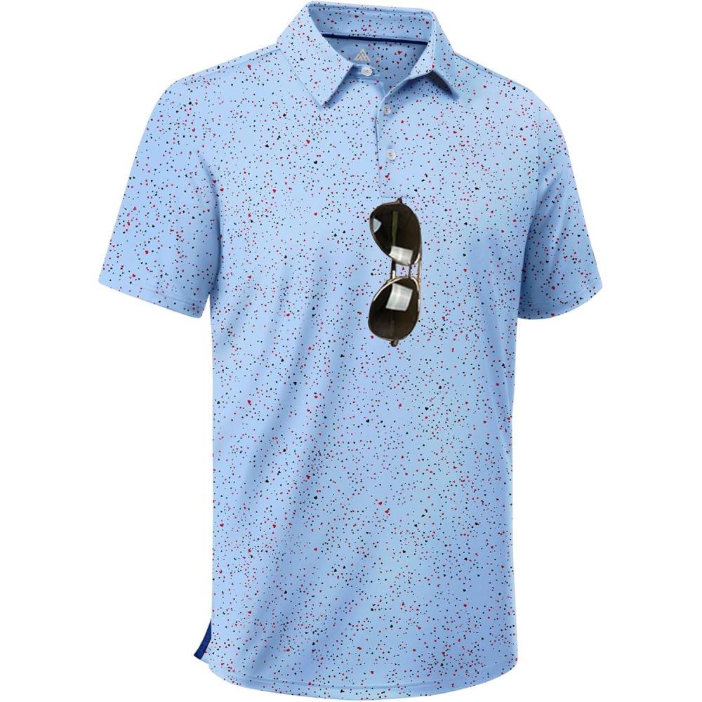 imageZITY Mens Golf Shirt Short Sleeve Moisture Wicking Performance Daily Casual Print Patterns Collared Golf Polo Shirts for MenLight Blue Dots